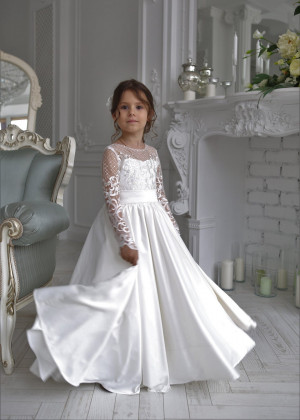 Sheer Long Sleeve Ivory Lace Satin Flower Girl Dress